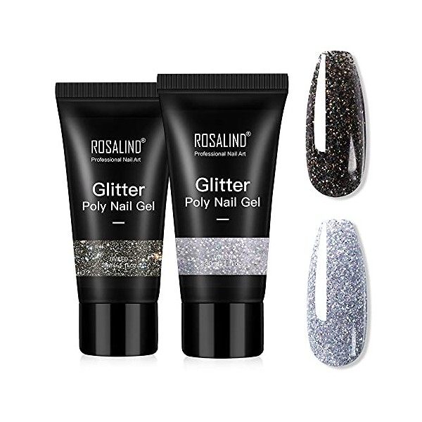 Glitter Nail Extension Gel, ROSALIND Noir Argent 2 Couleurs Extension Dongles En Gel, Black Silver Acrygel Ongles Gel Poly N