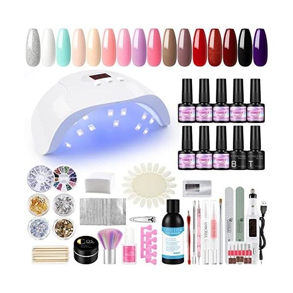 COSCELIA Kit complet de vernis à ongles en gel 20 pièces avec lampe LED 36 W, Base Gel Top Coat, Kit Nail Art Outils et Décor