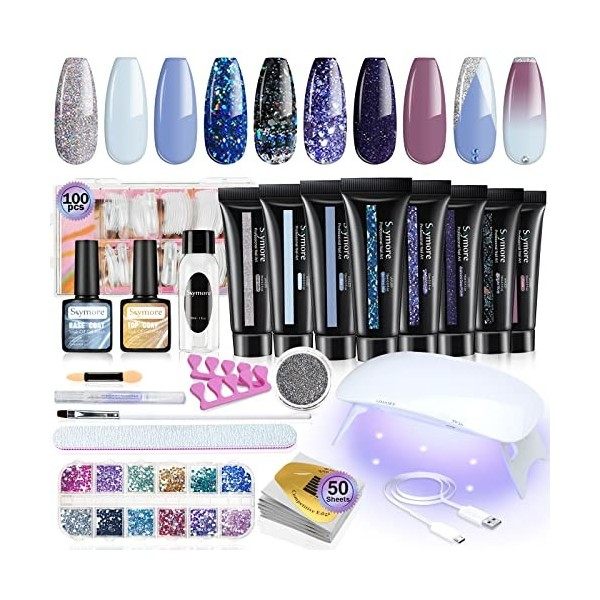 Skymore Ongle Gel Kit, avec 6W Lampe UV/LED, 8 Pcs Démarrage en Nail Extension Gel, Ongles Prolongateur Complet, Base Coat et