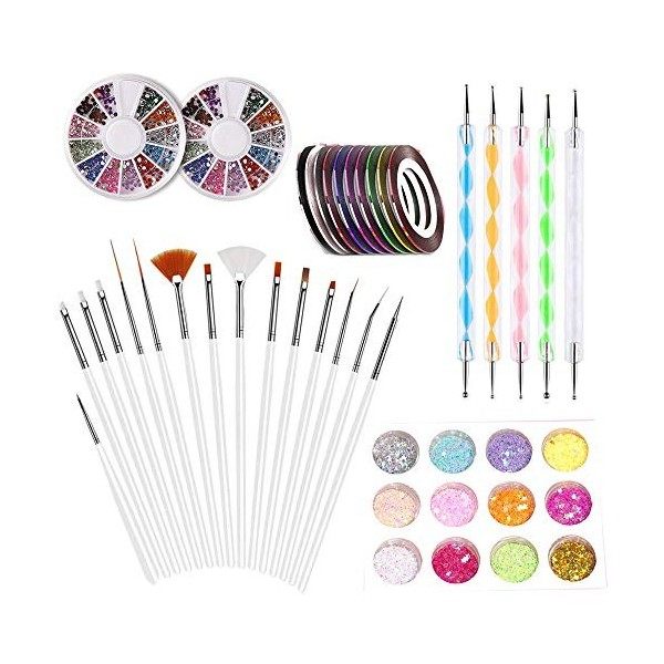 LABOTA 33 Pièces Nail Art Kit - 15 Peinture Brosse à Pinceaux, 5 Stylos Dotting, 10 Striping Tape, 2 Boîte Ongles Strass, 12