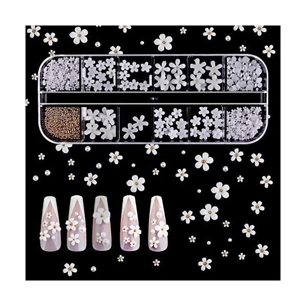 SAVITA 250 Pièces 12 Tailles Fleurs Ongle Nail Art 3D, Breloques pour Ongles Acryliques Accessoires pour Plats Ongles pour Co