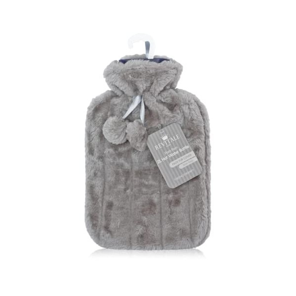 Housse de luxe en fausse fourrure et pompons + bouillotte - 2 l, gris ardoise