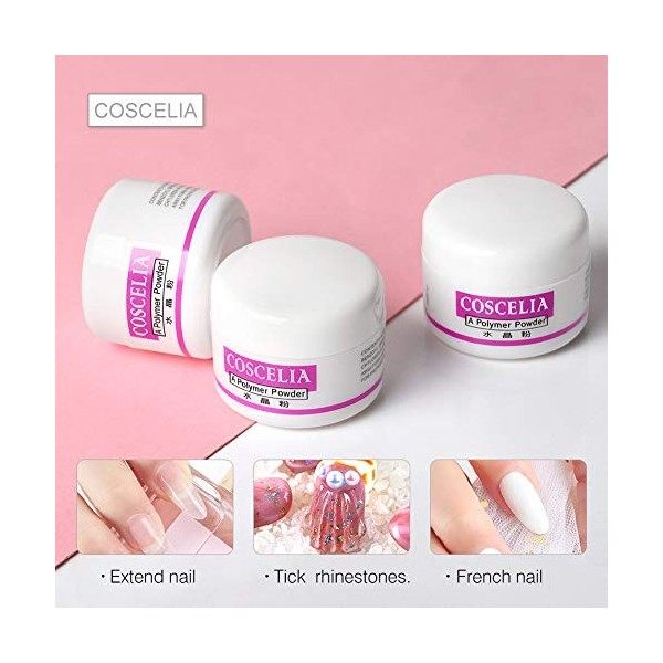 COSCELIA Kit Vernis à Ongles Complet, 3Pcs Poudre Acrylique pour Ongles et Liquide Acrylique accessoires Convient Aux Débutan