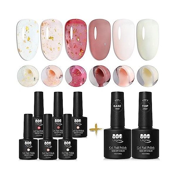 YTD Likomey Vernis Gel Semi Permanent Set,Translucide 6 Couleurs Avec Base et Top Coat Naturel French Vernis à Ongles Kit,Nu 