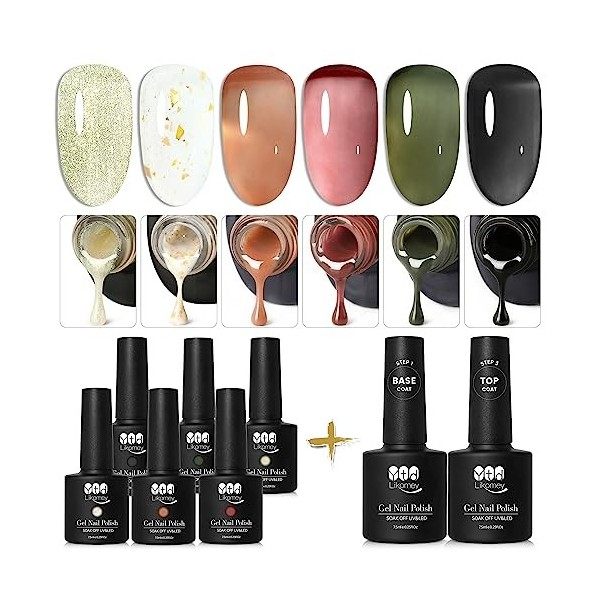 YTD Likomey Vernis Gel Semi Permanent Set,Translucide 6 Couleurs Avec Base et Top Coat Naturel French Vernis à Ongles Kit,Nu 