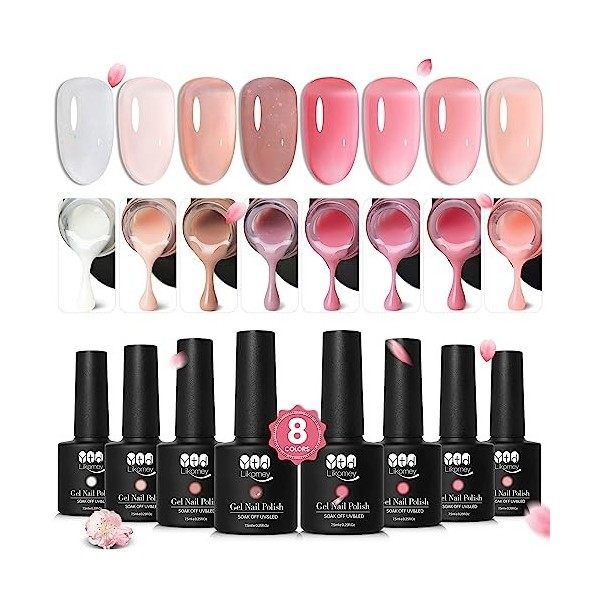 YTD Likomey Vernis Gel Semi Permanent Set,Translucide 6 Couleurs Avec Base et Top Coat Naturel French Vernis à Ongles Kit,Nu 