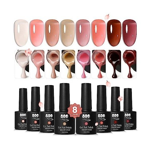 YTD Likomey Vernis Gel Semi Permanent Set,Translucide 6 Couleurs Avec Base et Top Coat Naturel French Vernis à Ongles Kit,Nu 