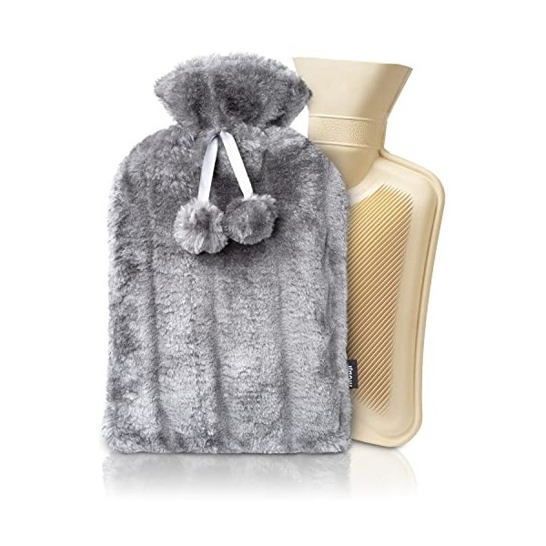 Mouji bouillotte Tuyau | extra peluche 2 litre, gris | bouillotte thermique adulte et enfant, bouillote, bouillotte eau chaud