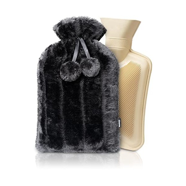 Mouji bouillotte Tuyau | extra peluche 2 litre, gris | bouillotte thermique adulte et enfant, bouillote, bouillotte eau chaud