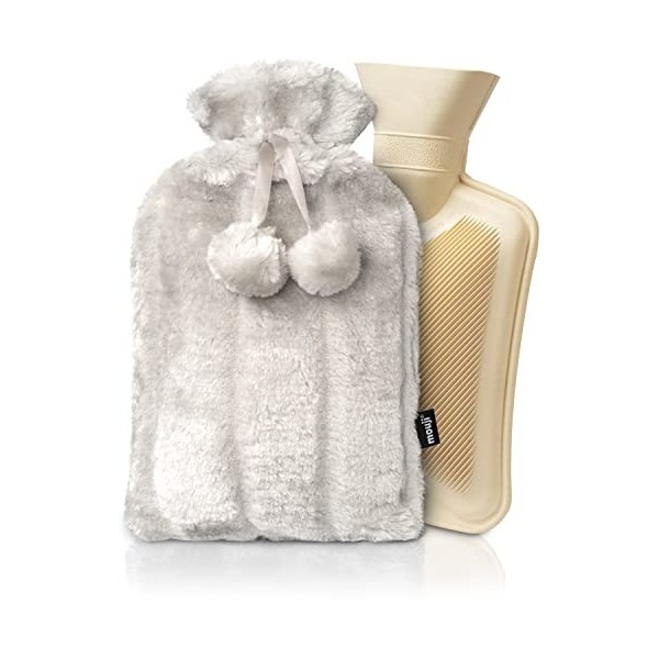 Mouji bouillotte Tuyau | extra peluche 2 litre, gris | bouillotte thermique adulte et enfant, bouillote, bouillotte eau chaud