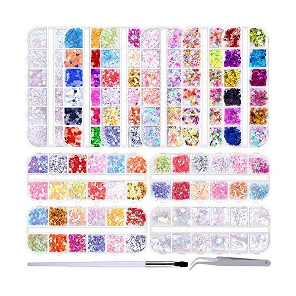 Duufin 10 Boîtes Paillettes dOngles Papillon Sirene Paillettes Holographiques Ongles avec Pinceaux pour Ongles et Pince à Ép