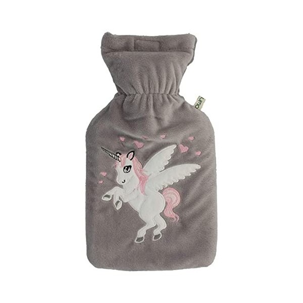 Bouillotte Premium Einhorn 1 litre avec housse en polaire souple de haute qualité brodée Einhorn, fermeture velcro et doublur