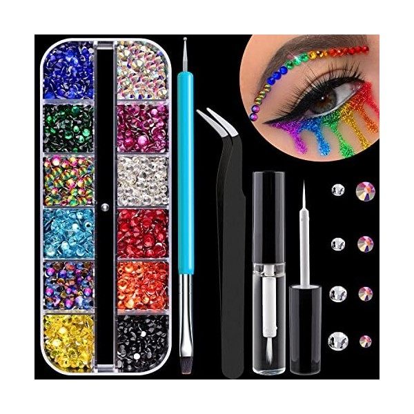 Kit de strass ronds pour nail art 7, perles en cristal de verre avec crayon et pince à épiler