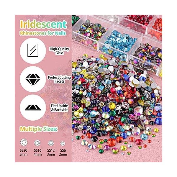 Kit de strass ronds pour nail art 7, perles en cristal de verre avec crayon et pince à épiler