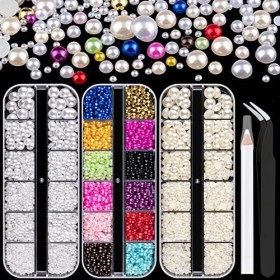 Belleboost Lot de 3 boîtes de perles à dos plat colorées + blanches + beiges demi-rondes avec crayon et pince à épiler pour n