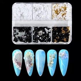 Lot de 6 breloques pour ongles en acrylique 3D - Fleurs blanches et noires - Avec perles dorées et argentées et perles en rés