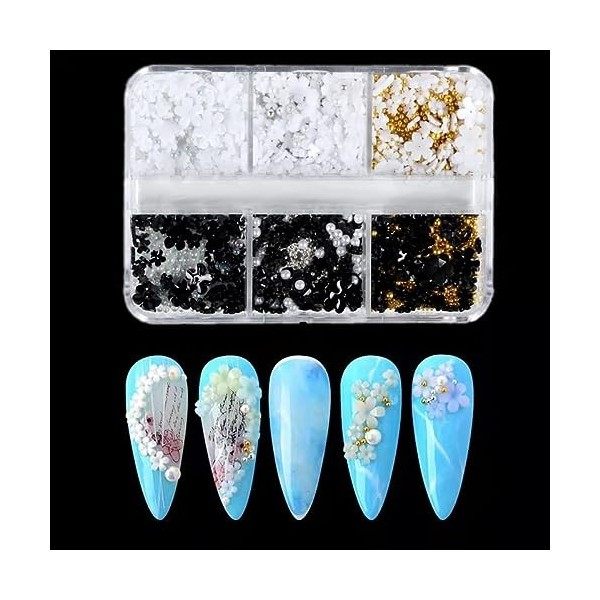 Lot de 6 breloques pour ongles en acrylique 3D - Fleurs blanches et noires - Avec perles dorées et argentées et perles en rés