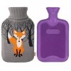 Bouillotte en caoutchouc classique de qualité supérieure avec housse en tricot mignon 2 litres, violet/gris avec renard 