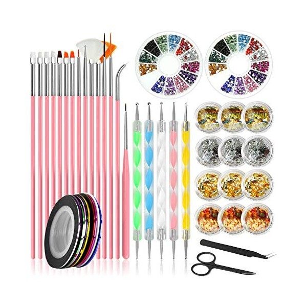 46pcs Kit de Nail Art Pinceau,Stylos à Ongles,Nail Art Pinceaux,Ruban Adhésif,Strass de Couleur pour Ongles,Kit dOutils à On