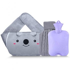 Bouillotte avec lot de 2 housses de taille, poche à eau chaude en caoutchouc pour lhiver avec peluche douce gris avec houss