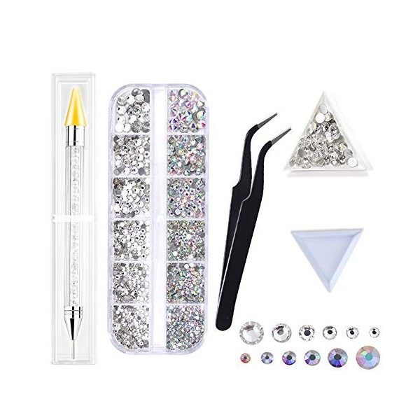 1500 pcs Strass -AB et Cristal Clair Nail Art Diamond Set,Avec une Pince à épiler et Stylet à Strass,Plateau de Classificatio