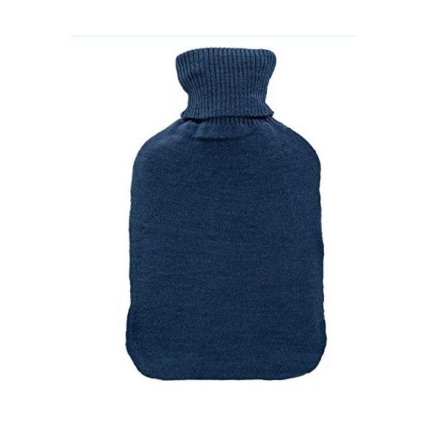 Bouillotte avec housse tricotée axion | Bleu foncé et motif de pin | En caoutchouc naturel | Bouillotte pour thermothérapie |