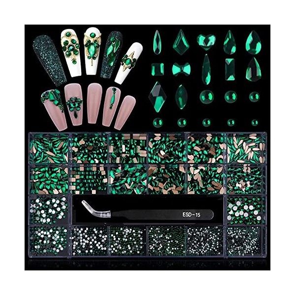 EBANKU 3100 Pièces Strass Ongle Kit,3D Mix Nail Art Strass Cristaux Diamants de Forme Rondes à Dos Plat Diamant Pierre avec S