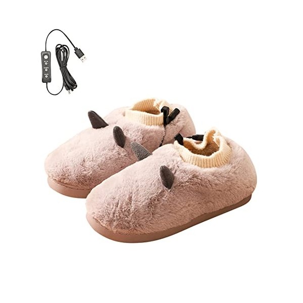 Chauffe Pieds,Femmes Hiver Chaud Chausson Hommes Coton Peluche Doublure Accueil Pantoufle Intérieur Chaussures,Electrique USB