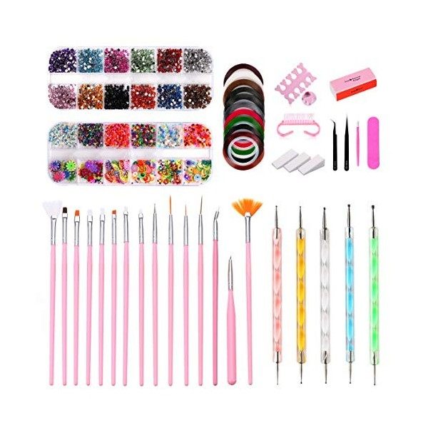 43PCS Nail Art Kit,Professional 3D Nail Art Supplies with Glitter Nail Rhinestones,Nail Art Brushes,Nail Dotting Pen,Nail