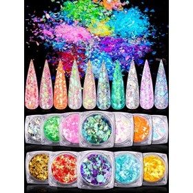 Warmfits Sirène Nail Glitter Set 12 Boîtes Ongles Paillettes Flocons Set Irrégulier Irisé pour Ongles Art Manucure Conseils D