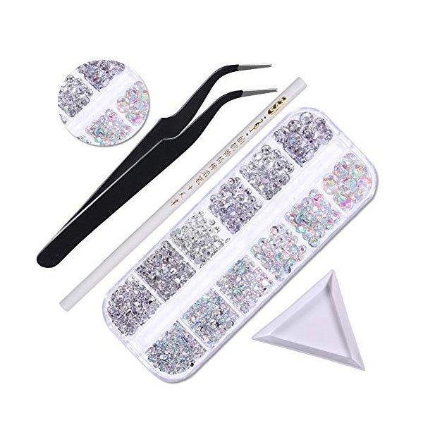 1500 Pcs Diamants Nail art Diamants de Type AB et Cristaux Transparents équipés de Pinces,Dune Boîte de Rangement,Dun Crayo