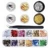 12 Pcs Paillettes Ongles Feuilles dor et argent, Ebanku Nail Art Glitter Flocons Holographiques pour Ongles Décor