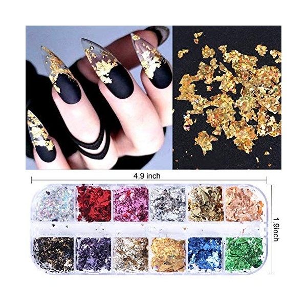 12 Pcs Paillettes Ongles Feuilles dor et argent, Ebanku Nail Art Glitter Flocons Holographiques pour Ongles Décor