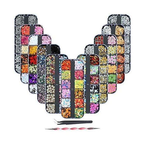 11 Boîtes Kit de Strass Ongles - Strass Art dongle, Nail Art Strass dOngles 3D,Pierres de Strass Cristaux Mélange Diamants 