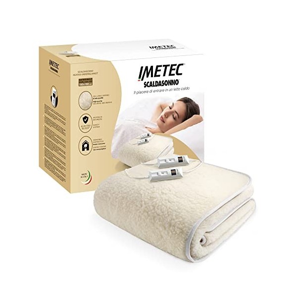 Imetec - Surmatelas Chauffant Scaldasonno - Chauffe Lit Double, 150 x 160 cm, 50 % Laine et Mérinos - Lavable, 2 Températures