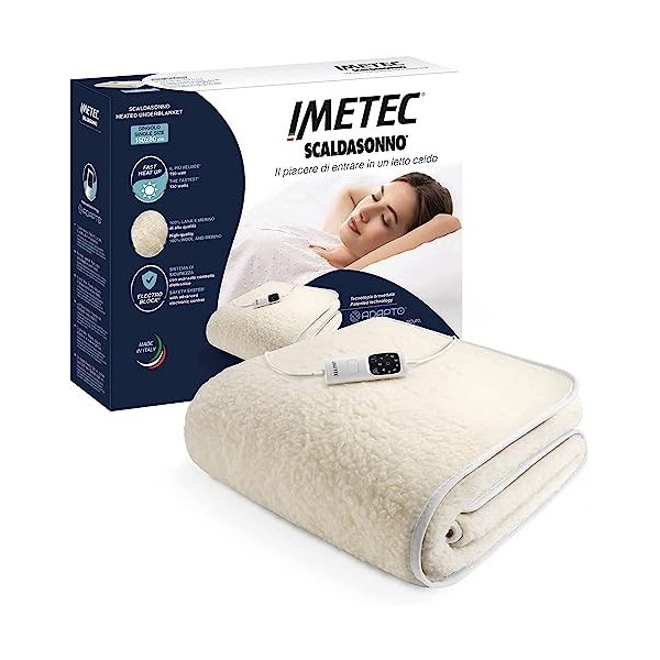 Imetec Surmatelas Chauffant 1 Place 100% Laine et Mérinos, 150 x 80 cm - Chauffe-Lit Adapto Simple, Chauffage Rapide, 6 Tempé