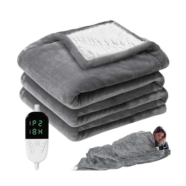 Couverture Chauffante avec sac de lavage,Couverture Chauffante électrique avec 6 niveaux de chaleur,5 horaires, Couverture él