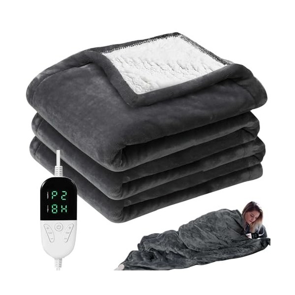 Couverture Chauffante avec sac de lavage,Couverture Chauffante électrique avec 6 niveaux de chaleur,5 horaires, Couverture él