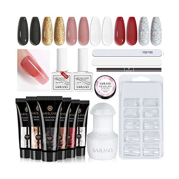 Saviland Polygel Kit Complet, 6 Couleur Gelée Naturel Polygel Ongle avec 24W Lampe U V Ongle, avec Base & Top Coat, Solution 