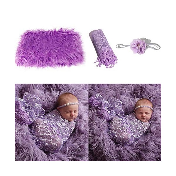 SOONHUA Accessoires de Photographie Nouveau-Né 3 Pièces Accessoires de Photo de Bébé Couverture Moelleuse + Wrap + Bandeau En