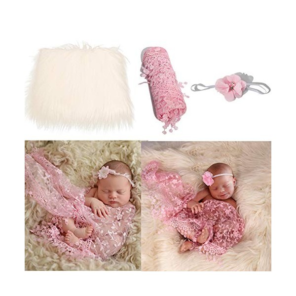 SOONHUA Accessoires de Photographie Nouveau-Né 3 Pièces Accessoires de Photo de Bébé Couverture Moelleuse + Wrap + Bandeau En