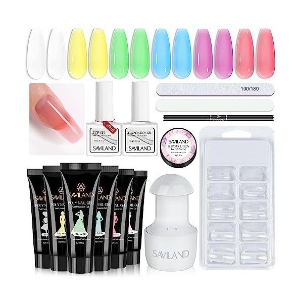 Saviland Polygel Kit Complet, 6 Couleur Gelée Naturel Polygel Ongle avec 24W Lampe U V Ongle, avec Base & Top Coat, Solution 