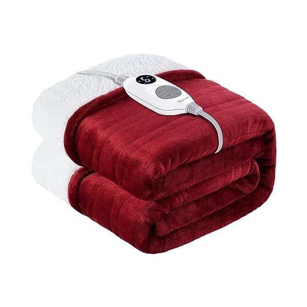 Warmrest Couverture Chauffant Électrique 130x180 cm, Rouge Flanelle Sherpa, 6 Niveaux De Température, 1-10 Heures Arrêt Autom