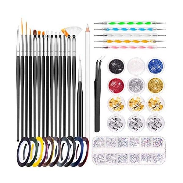 MELLIEX 45pcs Kit de Nail Art avec Pinceaux de Peinture dOngle, Stylo de Pointage dOngle, Paillettes, Feuille dOngle, Band