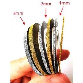 Valuu Lot de 6 rouleaux de ruban adhésif à paillettes dorées et argentées pour nail art, 1 mm, 2 mm, 3 mm