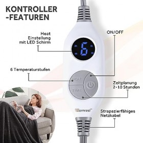 Warmrest Couverture Chauffant Électrique Sherpa 130x160 cm, 6 Niveaux De Température, 1-10 Heures Arrêt Automatique & Protect