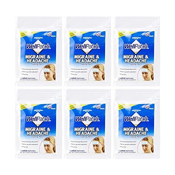 WellPatch Lot de 4 coussinets rafraîchissants pour maux de tête contre la migraine Lot de 6 - 24 coussinets.