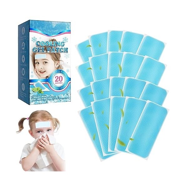 Aicharynic Lot de 20 patchs rafraîchissants en gel pour enfants souffrant de fièvre et migraines, protection contre la chaleu