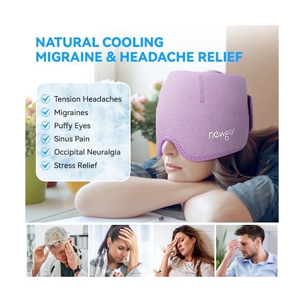 NEWGO Migraine Relief Cap, masque de migraine réutilisable pour la migraine, compresse chaude et froide utilisée pour les mig