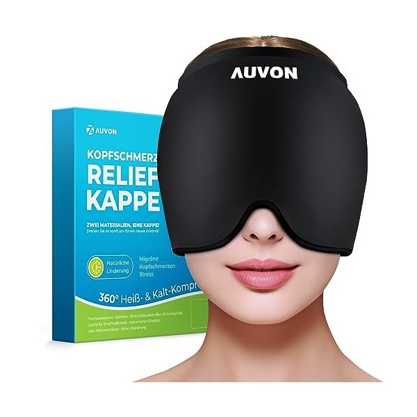 AUVON Masque Migraine avec Tissus Réversibles, Bonnet Anti-Migraine à Double Refroidissement, Bonnet Migraine Relief Cap avec